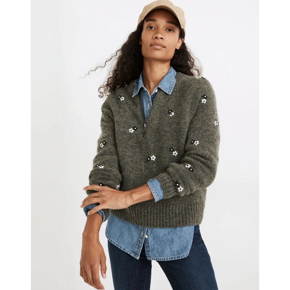 Madewell Olive Green Floral Crew Neck Sweater